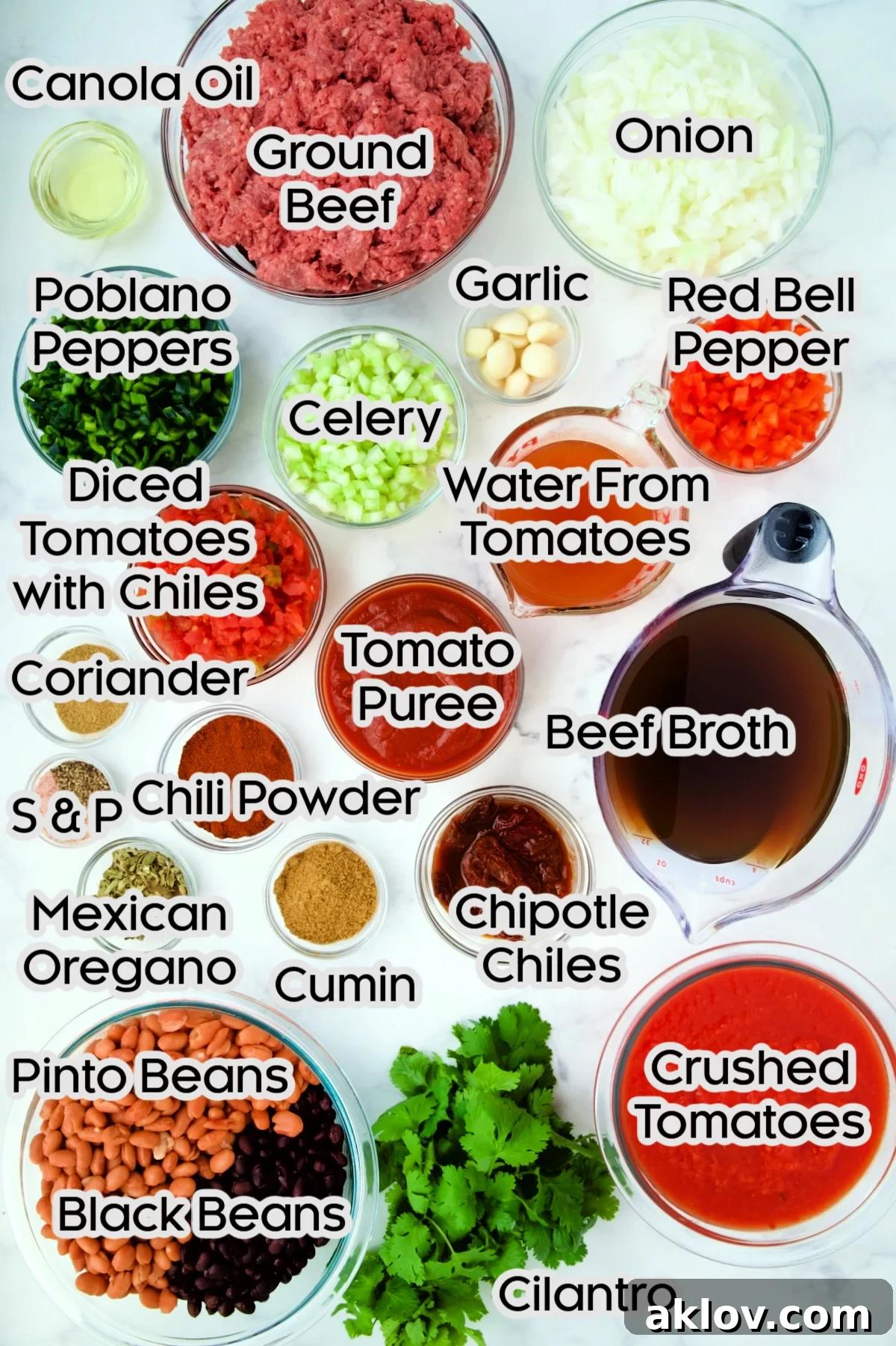 Ingredients for Game Day Chili in glass bowls.