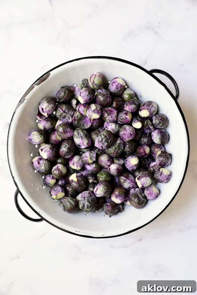 Photo of purple Brussels sprouts in white colander.