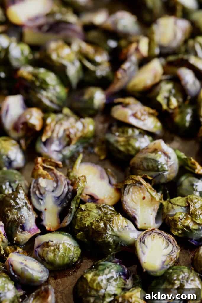 Close-up photo of roasted purple Brussels Sprouts.