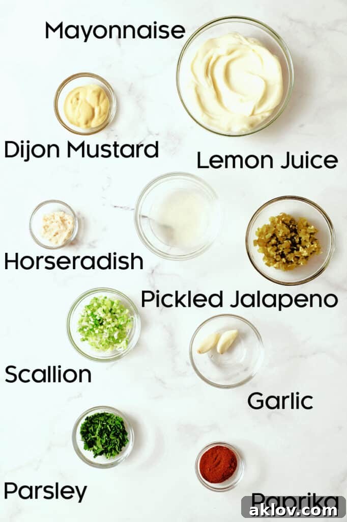 Photo of all fresh ingredients for Jalapeno Remoulade meticulously arranged in small glass bowls.