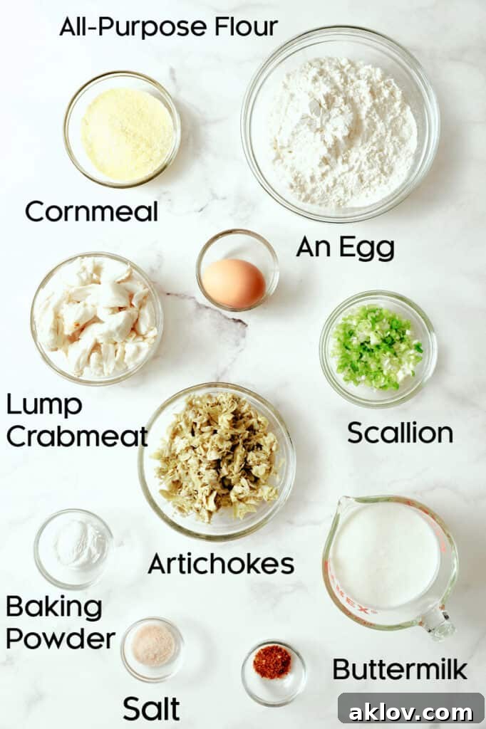 Photo of all ingredients for Crab and Artichoke Beignets neatly arranged in glass bowls, ready for mixing.
