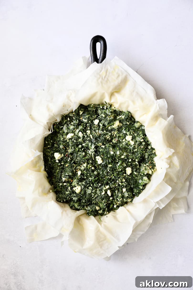 Skillet Spanakopita with Spinach and Feta 12 Photo of spanakopita filling placed over the phyllo crust in the skillet, before folding the edges. This demonstrates the pie's assembly process.