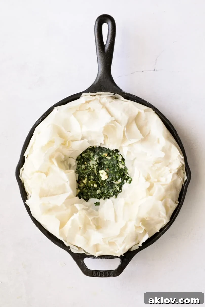 Skillet Spanakopita with Spinach and Feta 13 Photo of Skillet Spanakopita before being baked, with the phyllo edges folded over the filling, creating a rustic top. This highlights the final step before baking.