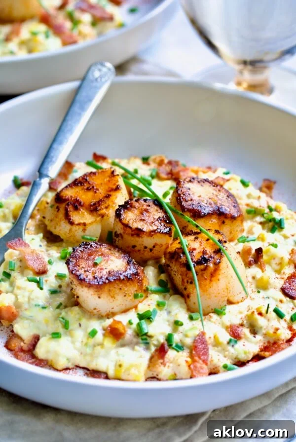 One serving of Seared Sea Scallops with Smoky Sweet Corn Puree on white plate with fork garnished with fresh chives.