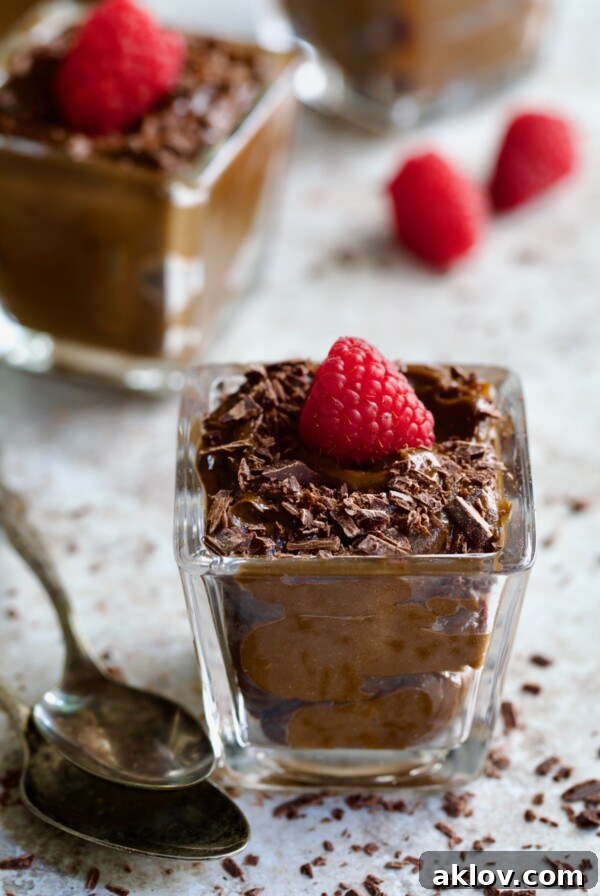 Chocolate Avocado Mousse in square dessert glass with raspberry and chocolate shavings with two spoons.
