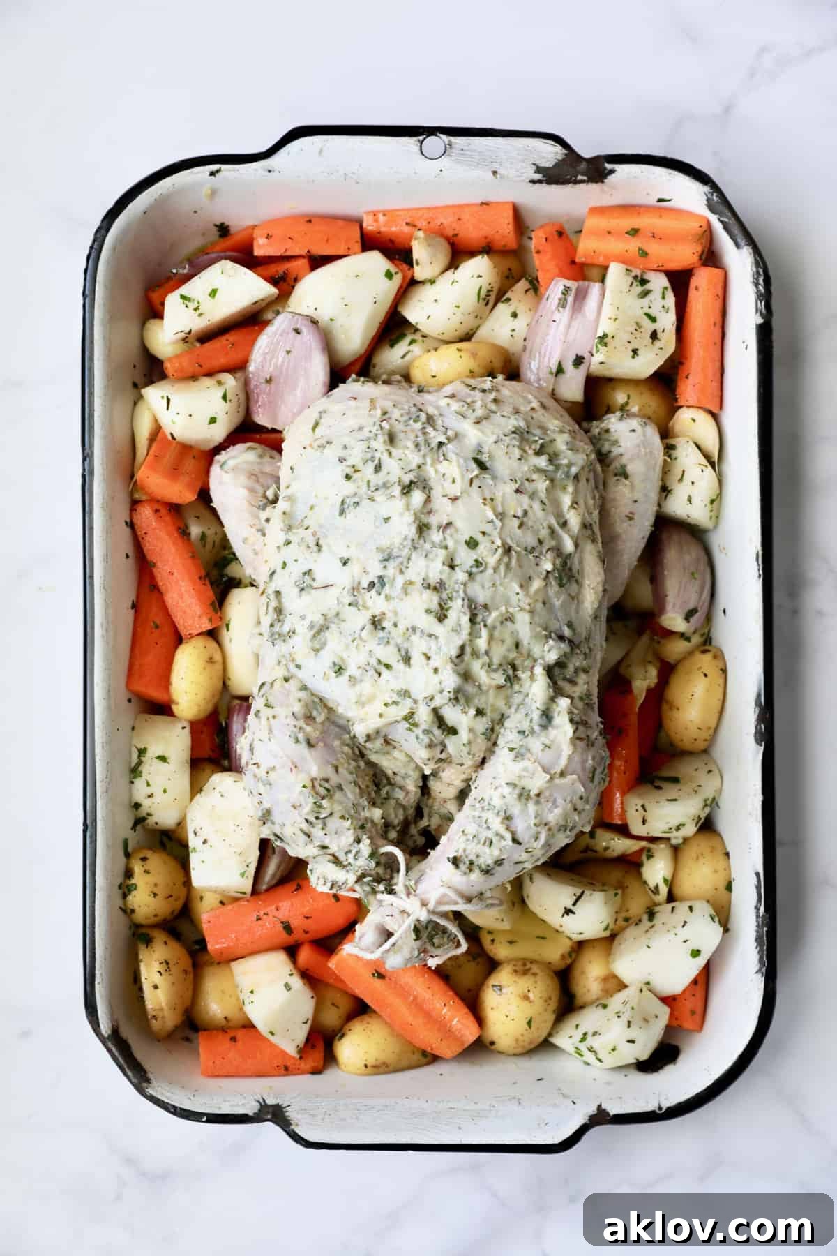 Photo of uncooked raw chicken and vegetables arranged in a white distressed roasting pan, before entering the oven, showcasing the orderly setup.
