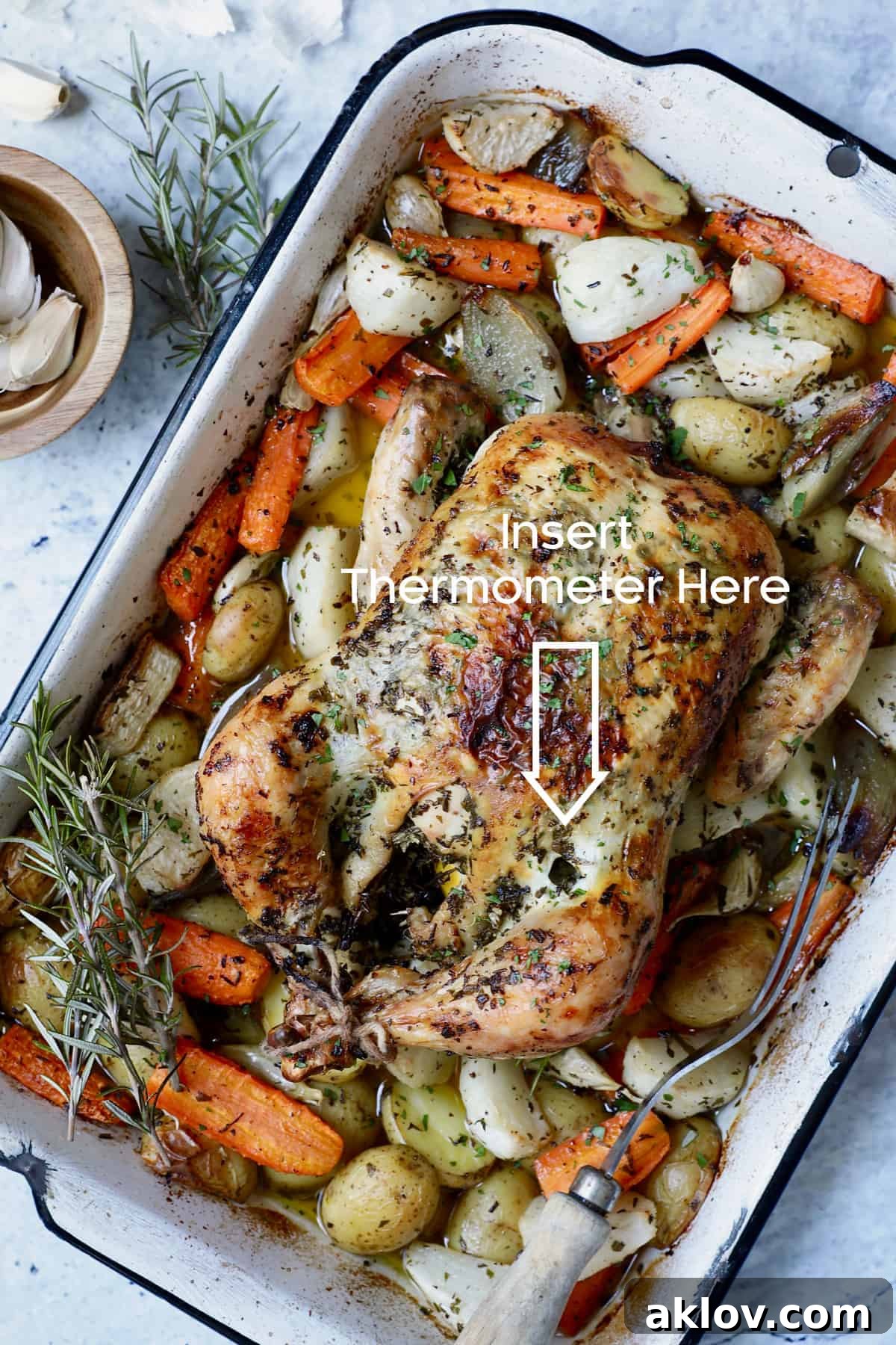 Photo of Garlic Herb Roast Chicken with Root Vegetables garnished with rosemary, with an arrow indicating the correct spot to test for doneness with a meat thermometer in the thigh.