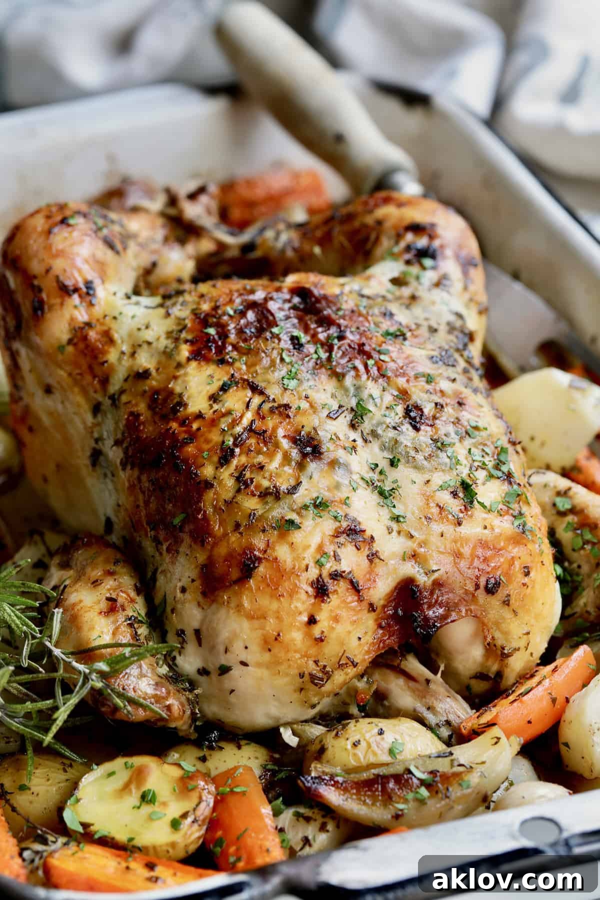 Close-up photo of Garlic Herb Butter Roast Chicken with Root Vegetables in white roasting pan, highlighting the golden skin and aromatic herbs.