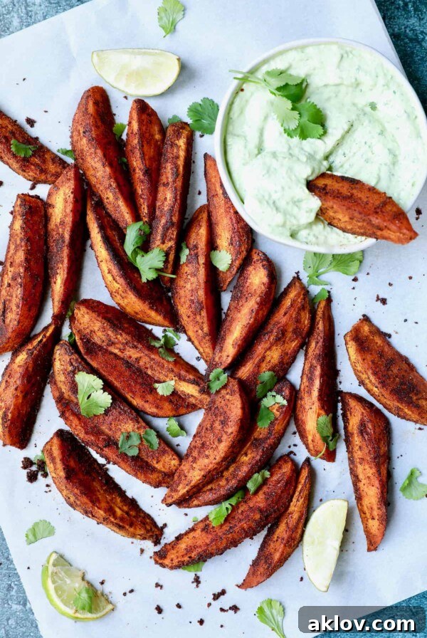 Photo of Southwestern Sweet Potato Wedges on white parchment paper with Cilantro - Avocado Sour Cream.