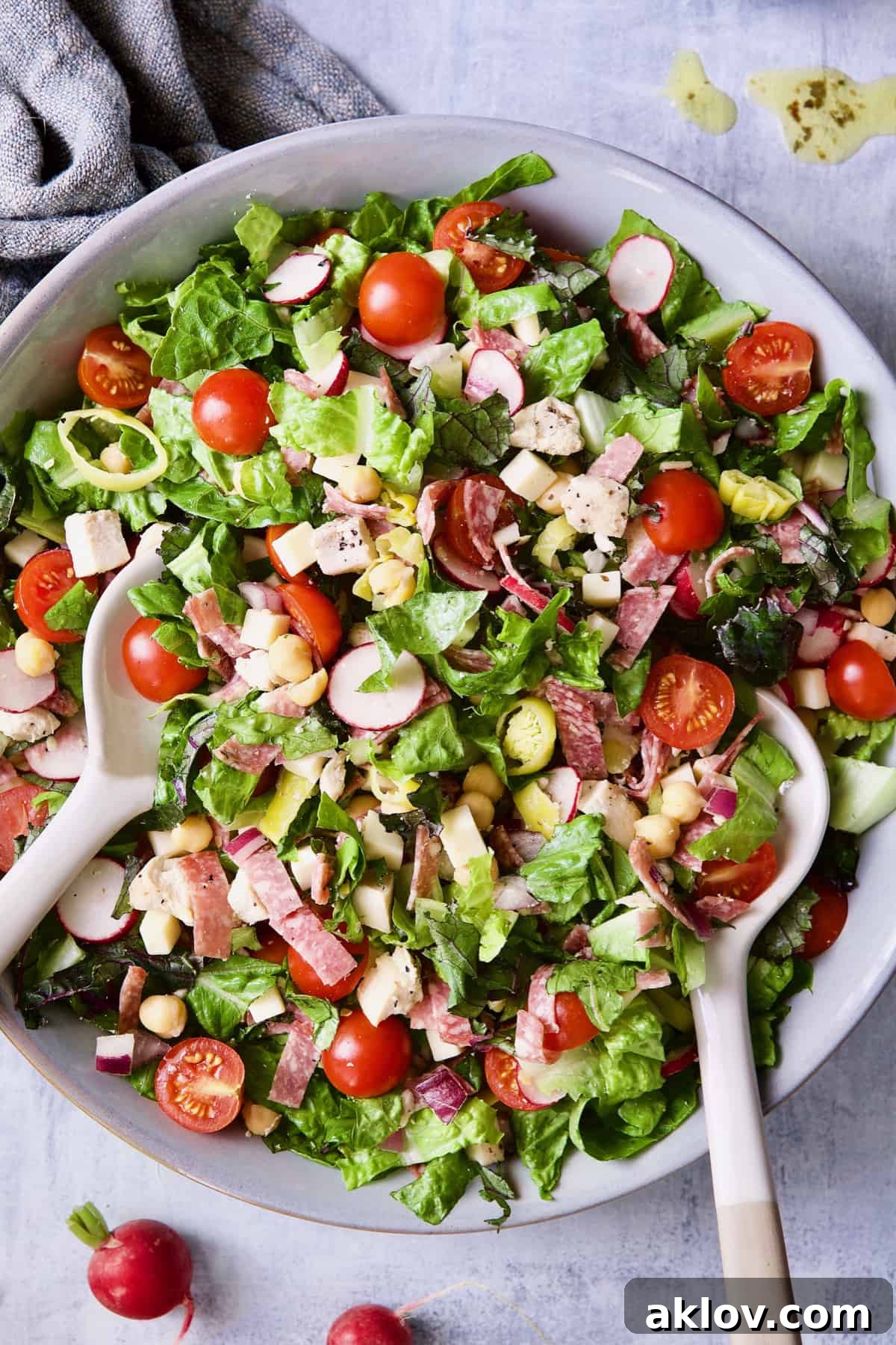 Close-up view of a freshly tossed Italian Chopped Salad with Chicken.