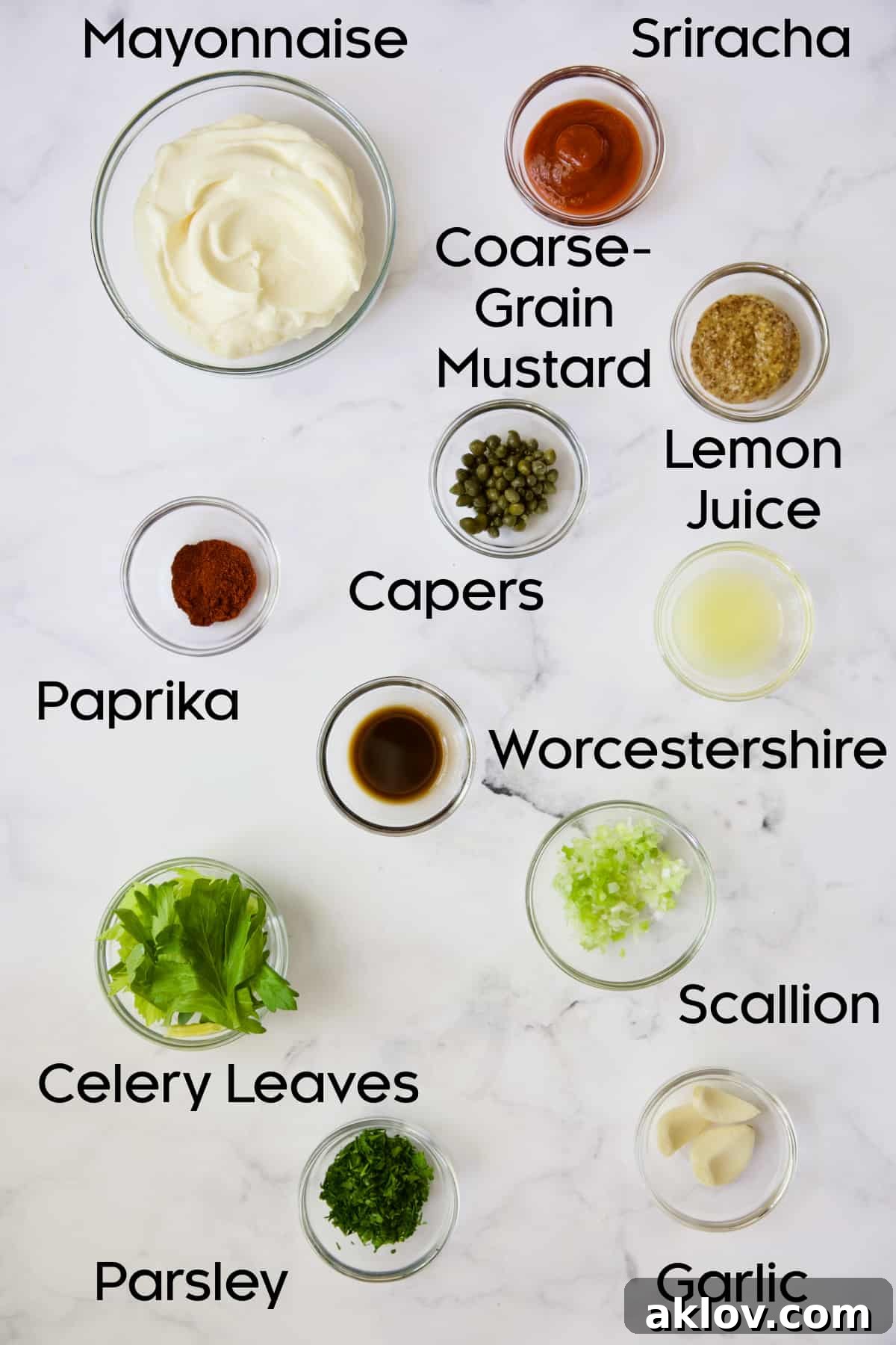 Photo of ingredients for Sriracha remoulade in glass bowls.