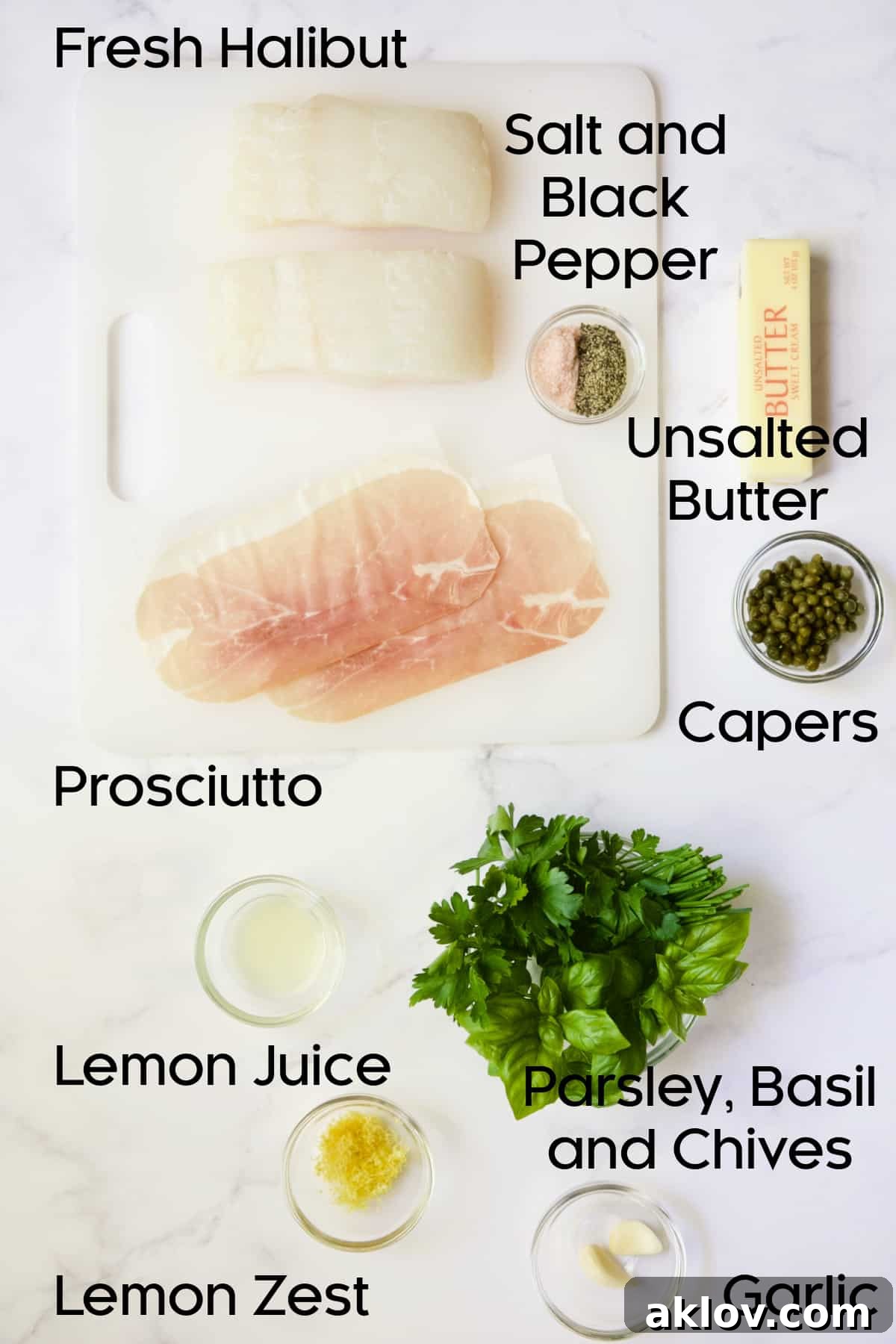 Ingredients for Prosciutto-Wrapped Halibut with Herb - Caper Butter.