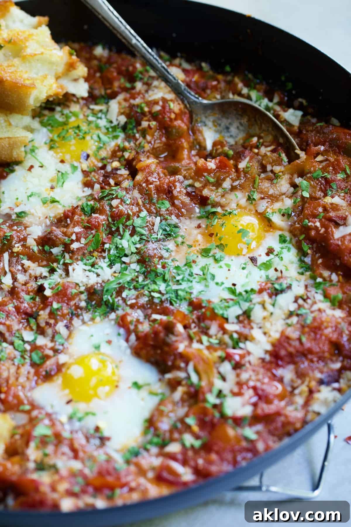 Molten Sunset Eggs 11 A final shot of Eggs in Purgatory with Italian Sausage, glistening with sauce and topped with fresh herbs, ready to be served from a black skillet with a spoon.