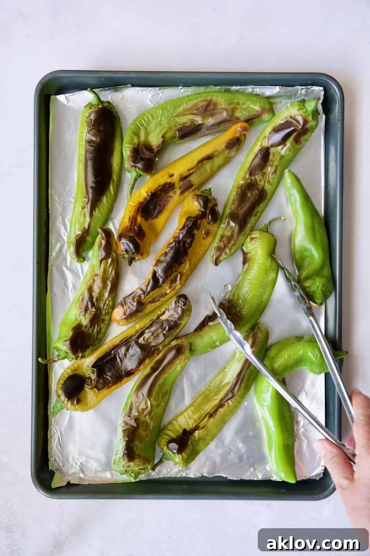 Hatch Green Chiles: Roast and Freeze for Year-Round Enjoyment 6 Half-roasted Hatch green chiles being carefully turned with tongs to ensure even cooking.
