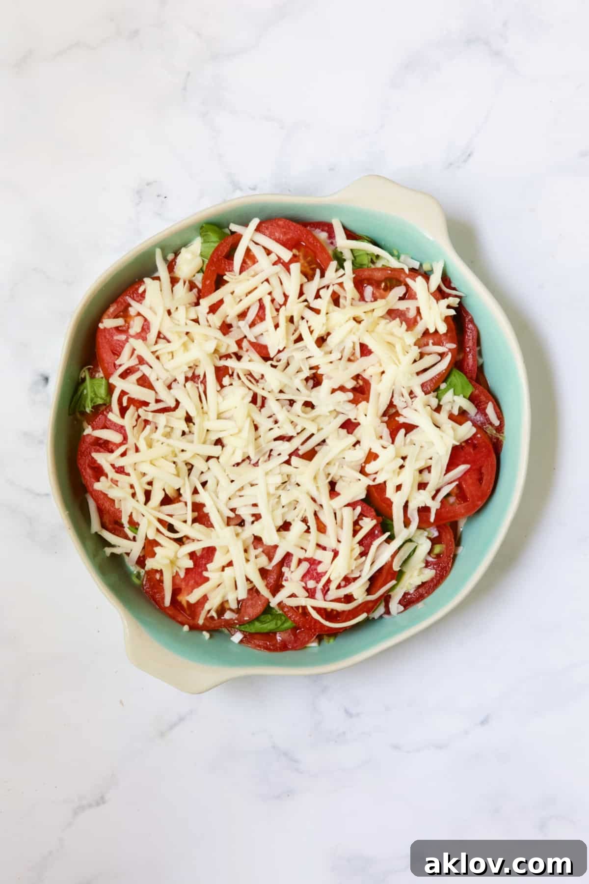 Crustless Southern Tomato Pie, ready for baking.