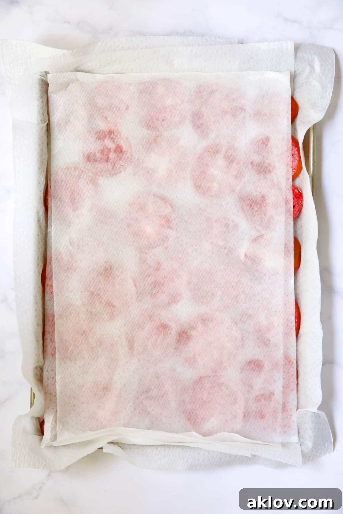 Tomatoes on paper towel-lined baking sheet with paper towels blotting tomatoes dry.