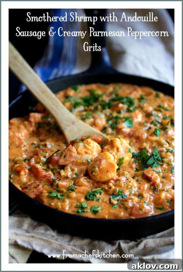 Pinterest pin for Smothered Shrimp and Andouille Sausage with Creamy Parmesan Peppercorn Grits.