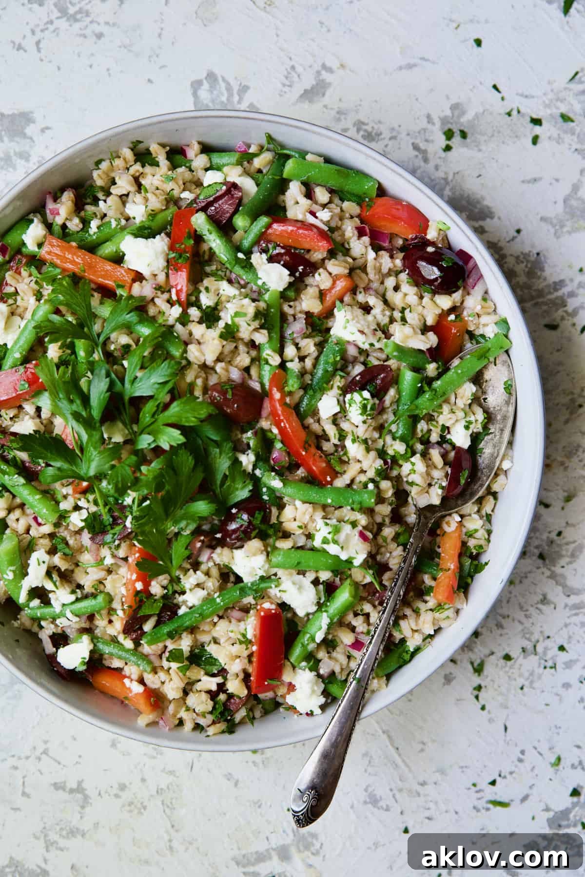 Mediterranean Barley Salad with Green Beans, Red Bell Pepper, Olives and Feta in serving bowl with serving spoon garnished with fresh parsley.