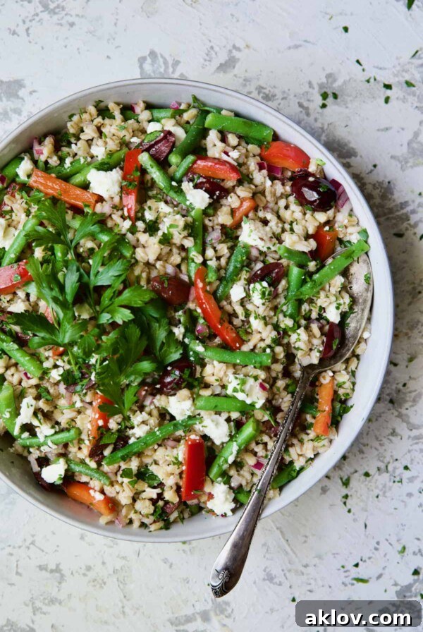 Mediterranean Barley Salad with Green Beans, Red Bell Pepper, Olives and Feta in serving bowl with serving spoon garnished with fresh parsley.