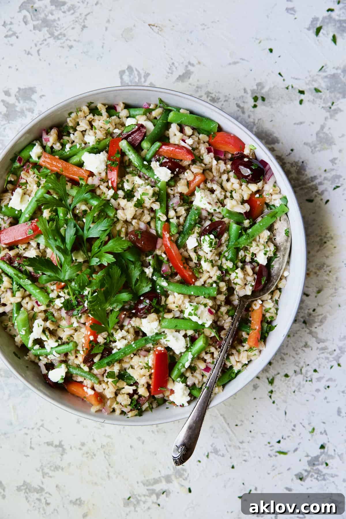 Mediterranean Barley Salad with Green Beans, Red Bell Pepper, Olives and Feta in serving bowl garnished with fresh parsley.