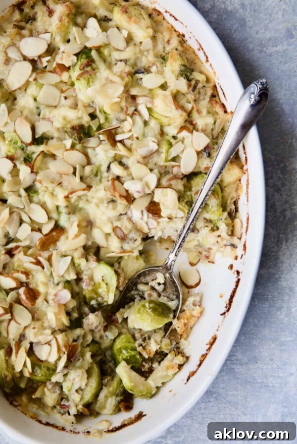 Cheesy Brussels Sprouts and Wild Rice Casserole in an oval gratin dish with a serving removed, showing the layers.