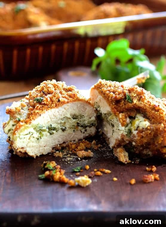 A perfectly cooked Green Chile Goat Cheese Stuffed Chicken Breast cut in half on a wooden cutting board, revealing the creamy filling and crispy crust.