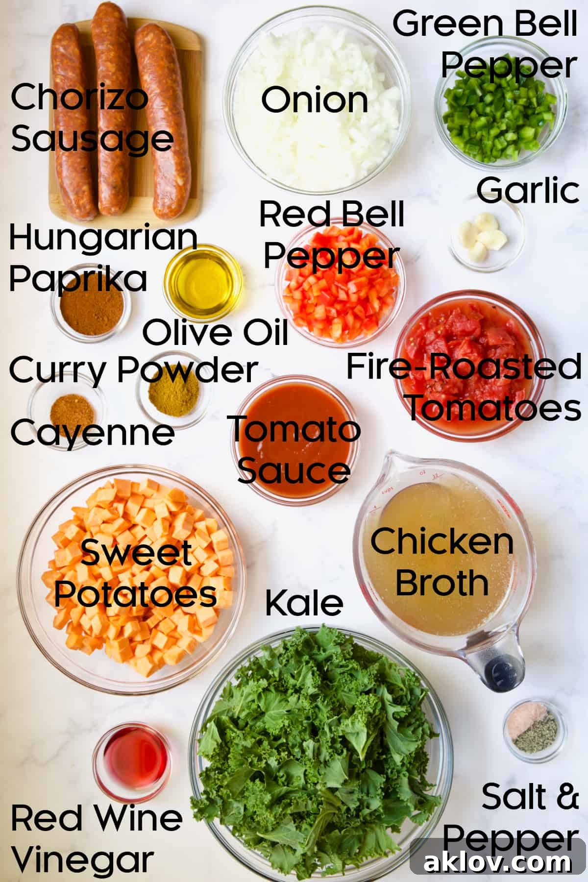 Ingredients for Chorizo Sweet Potato Stew with Kale.