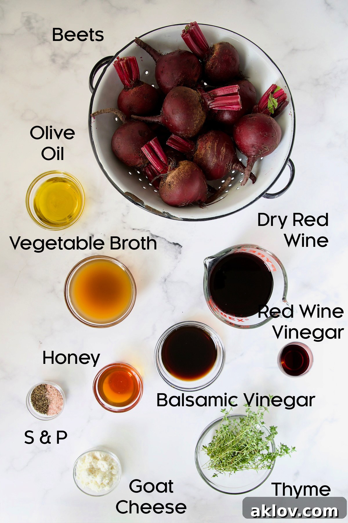 Ingredients for Roasted Beets with Red Wine Glaze, displayed in glass bowls.