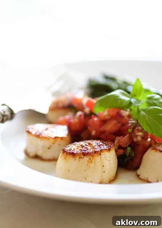 Pan-Seared Scallops with Vibrant Balsamic Tomato Salsa 16 Close-up photo of Seared Sea Scallops with Tomato, Red Onion and Balsamic Salsa on white plate.