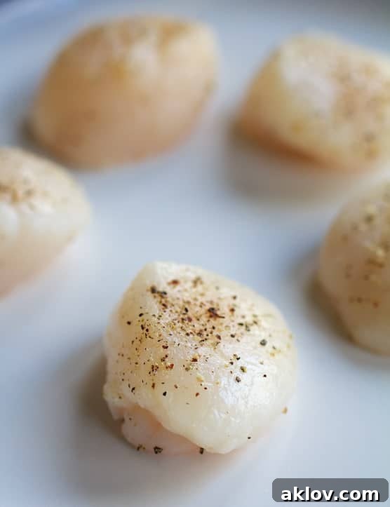 Pan-Seared Scallops with Vibrant Balsamic Tomato Salsa 10 Photo of uncooked scallops seasoned with salt and black pepper.