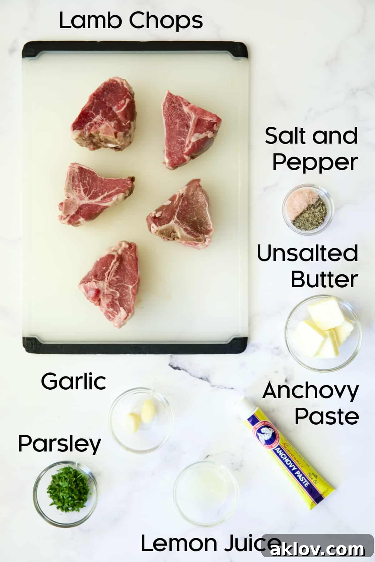 Ingredients laid out for Seared Lamb Chops with Anchovy Butter preparation.