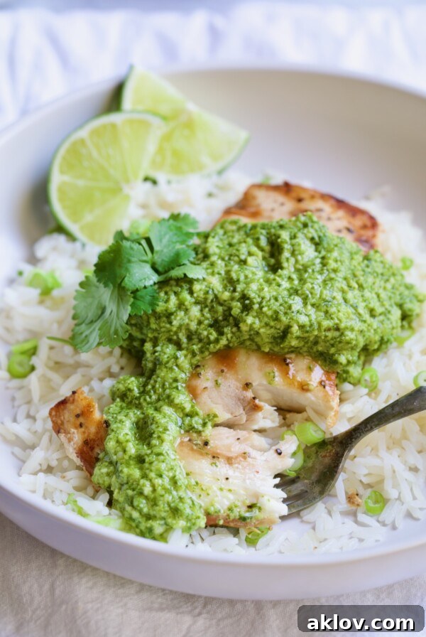Piece of Mahi-Mahi with Cilantro - Ginger Pesto on a fork.
