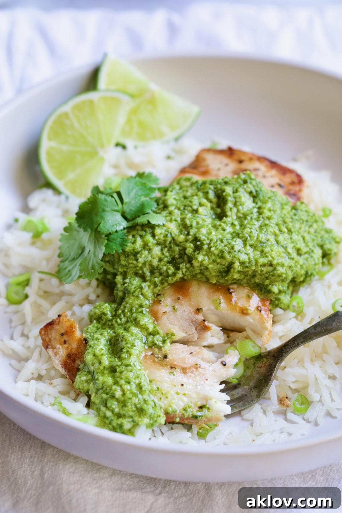 Close-up of a piece of perfectly grilled Mahi Mahi adorned with a generous dollop of fresh Cilantro-Ginger Pesto, ready to be enjoyed on a fork.