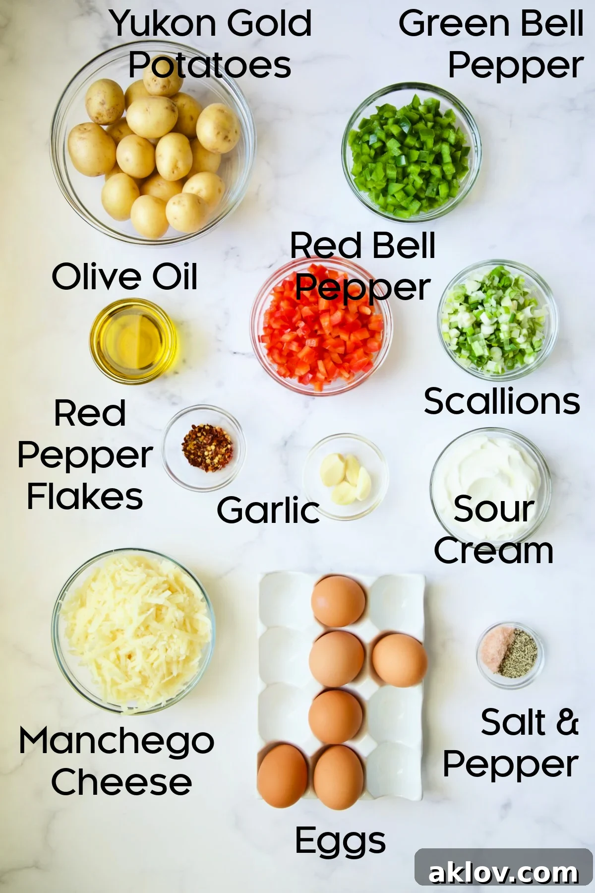 Ingredients for Oven-Baked Spanish Tortilla in glass bowls.
