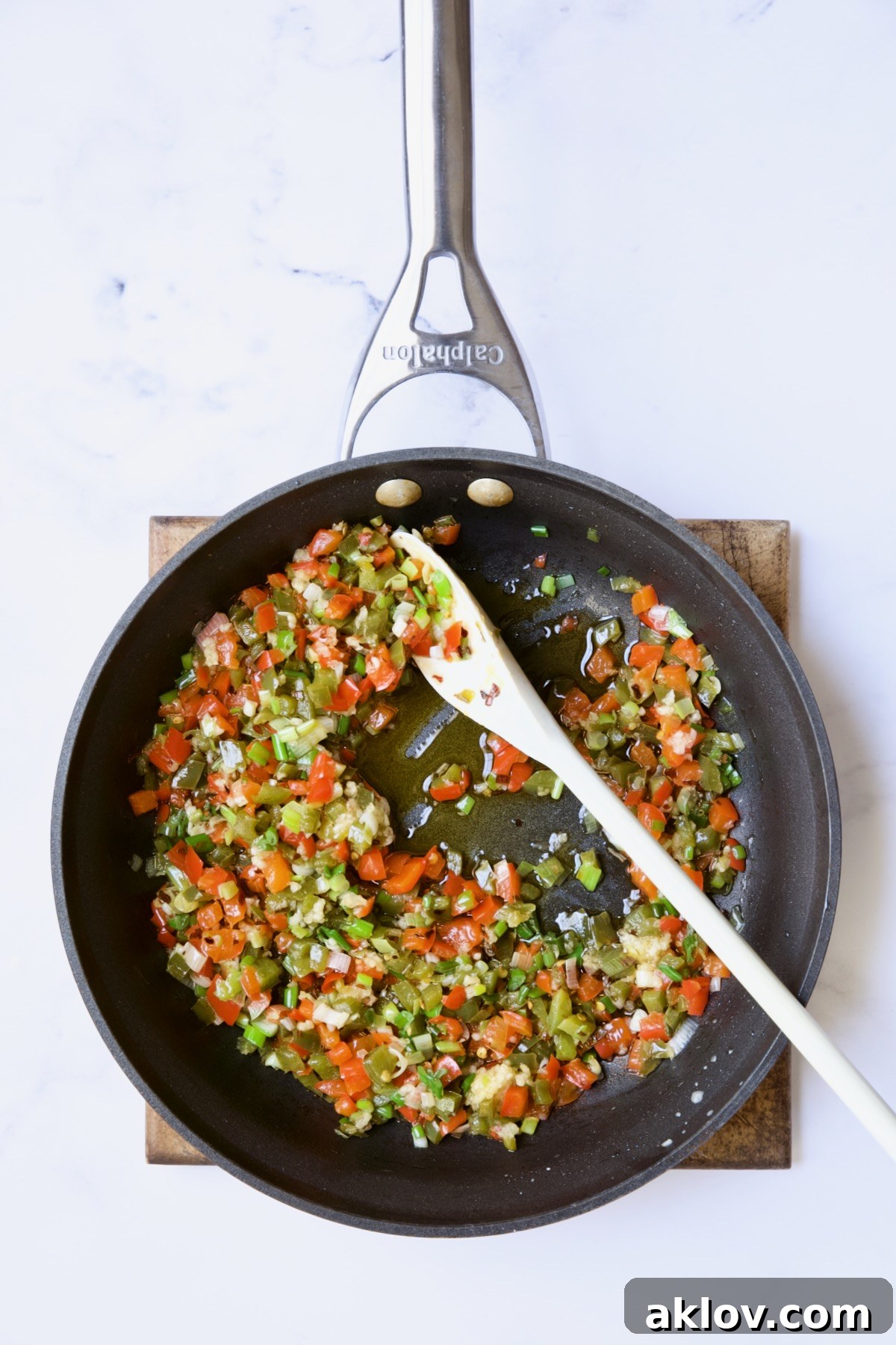 Sauteed bell peppers in nonstick skillet.