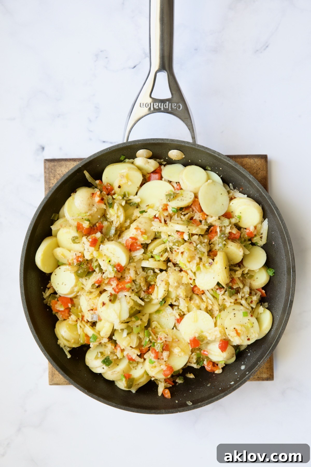 Ingredients for tortilla in nonstick skillet.