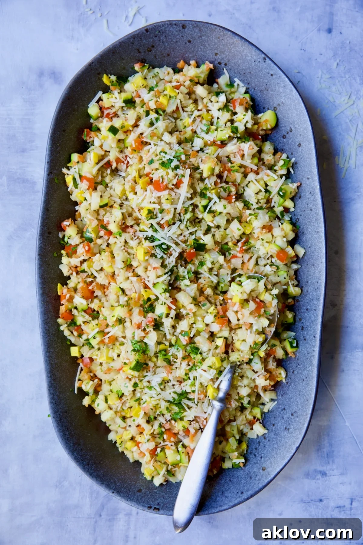 Garlic Parmesan Roasted Riced Veggies 11 Platter of Garlic Parmesan Roasted Vegetable Rice ready to be served.