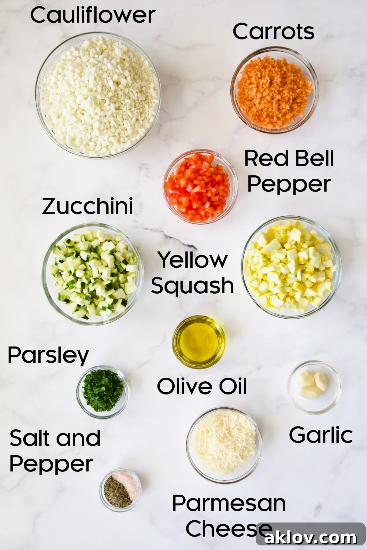 Garlic Parmesan Roasted Riced Veggies 4 Ingredients for Garlic Parmesan Roasted Vegetable Rice displayed in glass bowls.