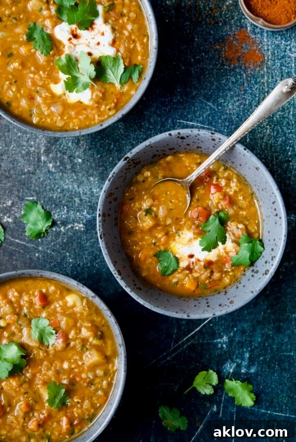 Three bowls of Ethiopian Red Lentil Vegetable Soup.