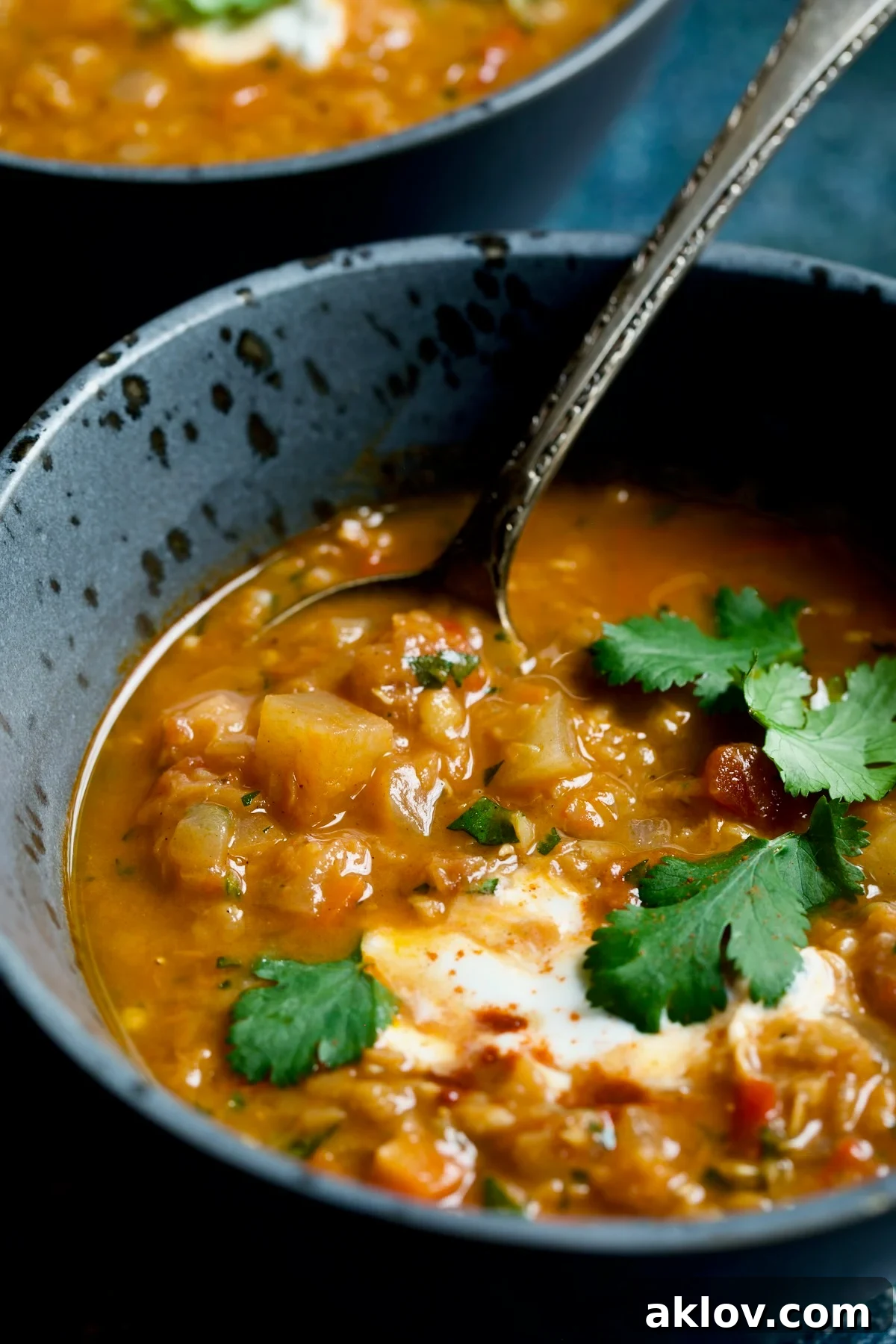 A close-up shot of a half bowl of rich Ethiopian Red Lentil and Vegetable Stew, beautifully garnished with a dollop of creamy plant-based yogurt and a sprinkle of fresh cilantro.