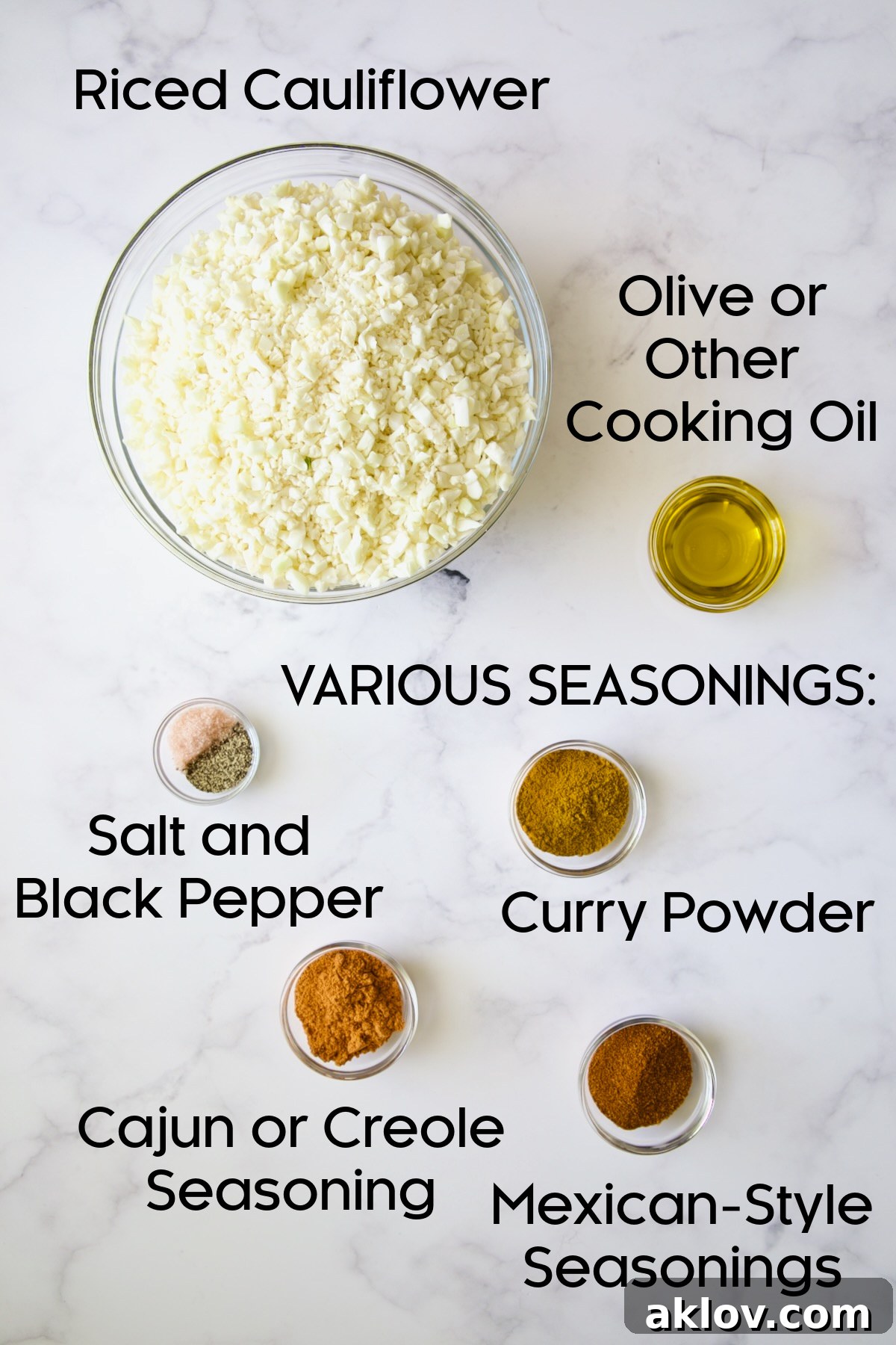 Ingredients for seasoned cauliflower rice.