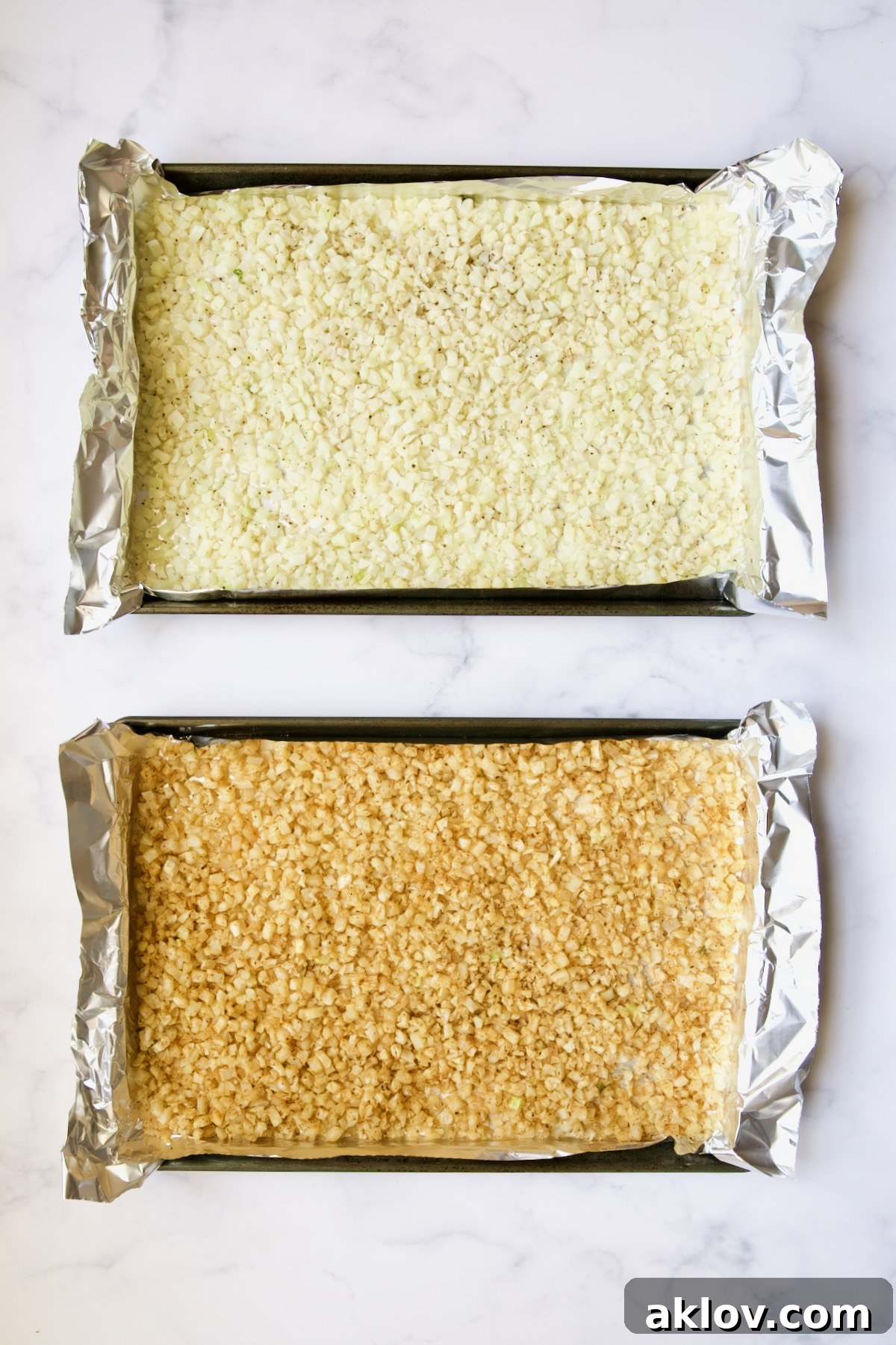 Two sheet pans of cauliflower rice--one unseasoned, the other seasoned.
