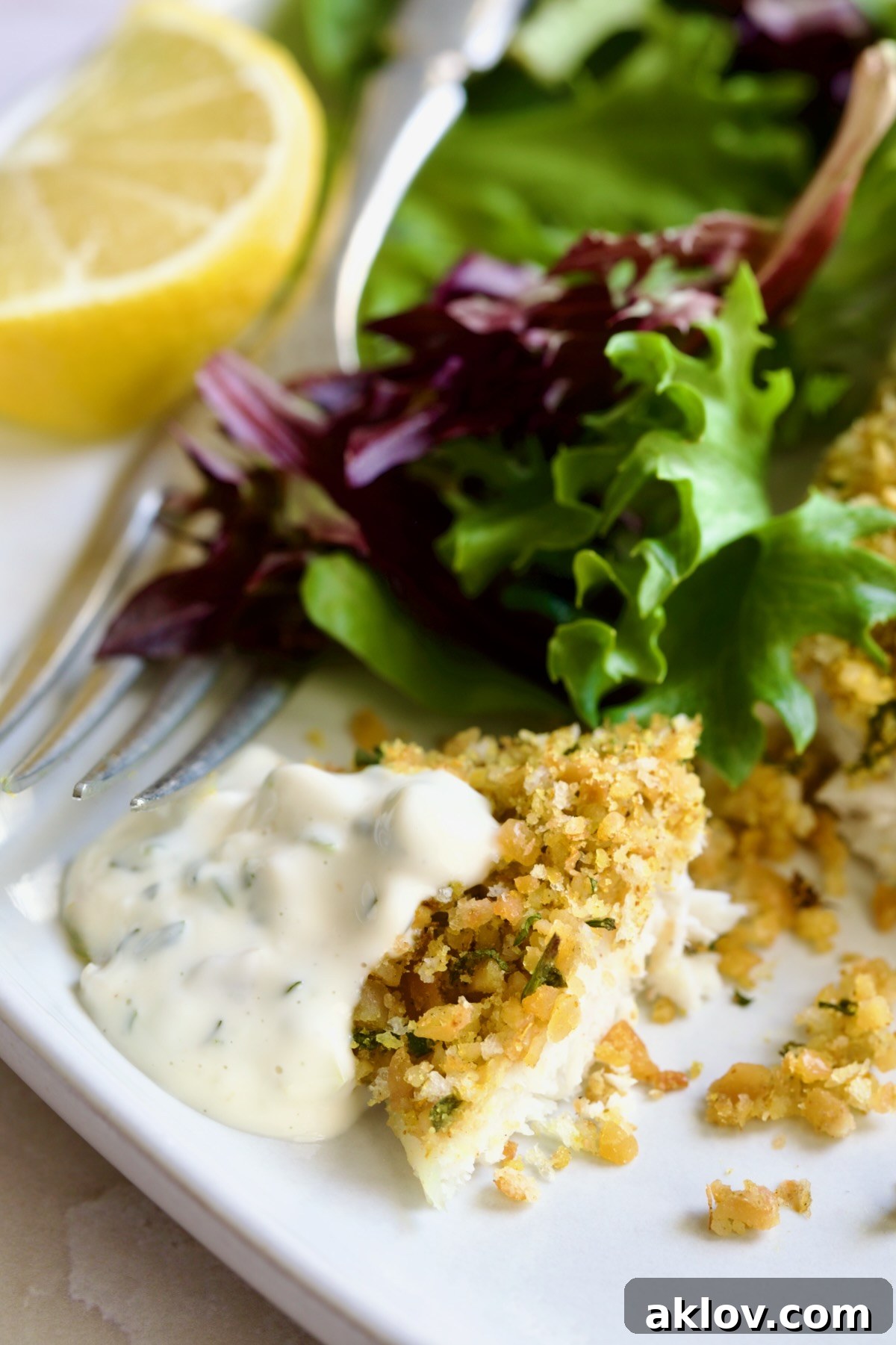 Crispy Chickpea-Crusted Fish with Zesty Jalapeno Tartar 14 A close-up photo of a fork holding a bite of Crispy Chickpea-Crusted Fish, generously topped with spicy jalapeno tartar sauce.