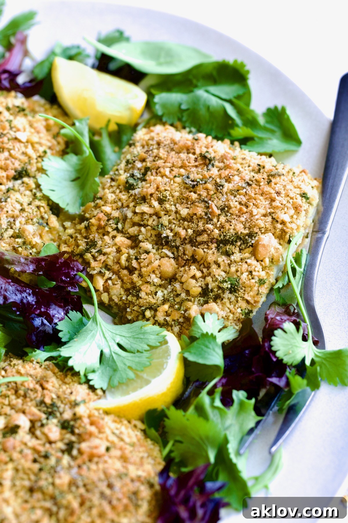 Crispy Chickpea-Crusted Fish with Zesty Jalapeno Tartar 3 Crispy Chickpea-Crusted Fish on an oval white platter, elegantly garnished with fresh baby greens, showcasing its golden crust.