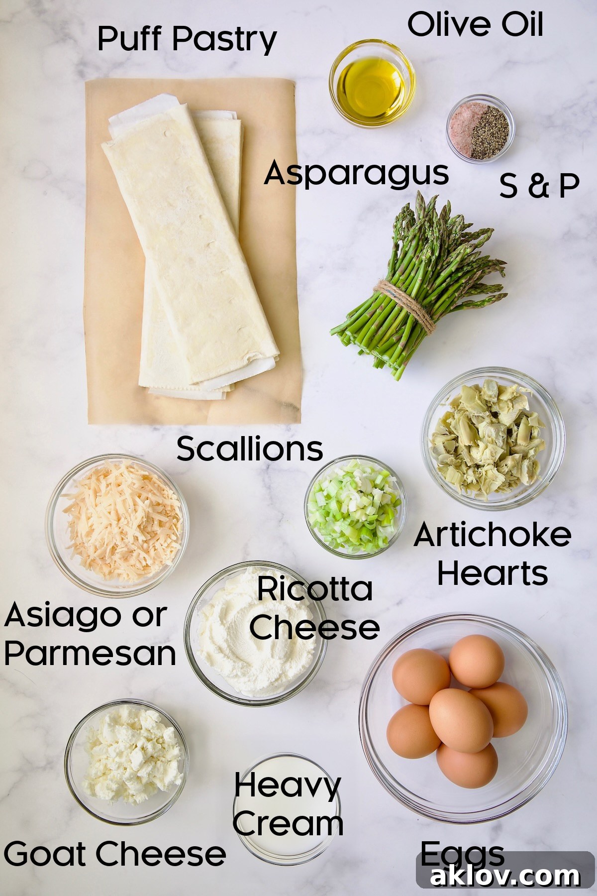 Ingredients for Sheet Pan Savory Sprint Tart in glass bowls.