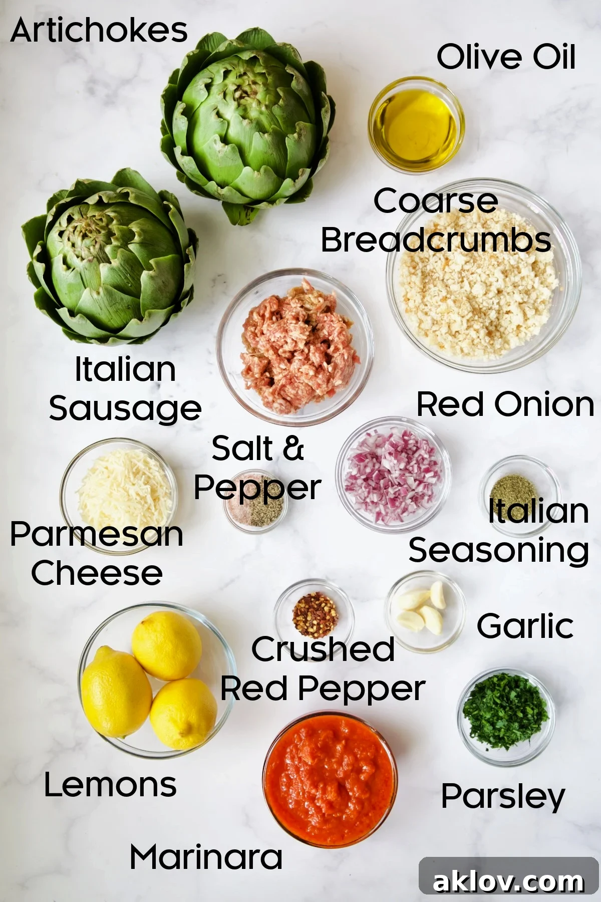 Savory Italian Stuffed Artichokes 4 Ingredients for Italian-Stuffed Artichokes in glass bowls.