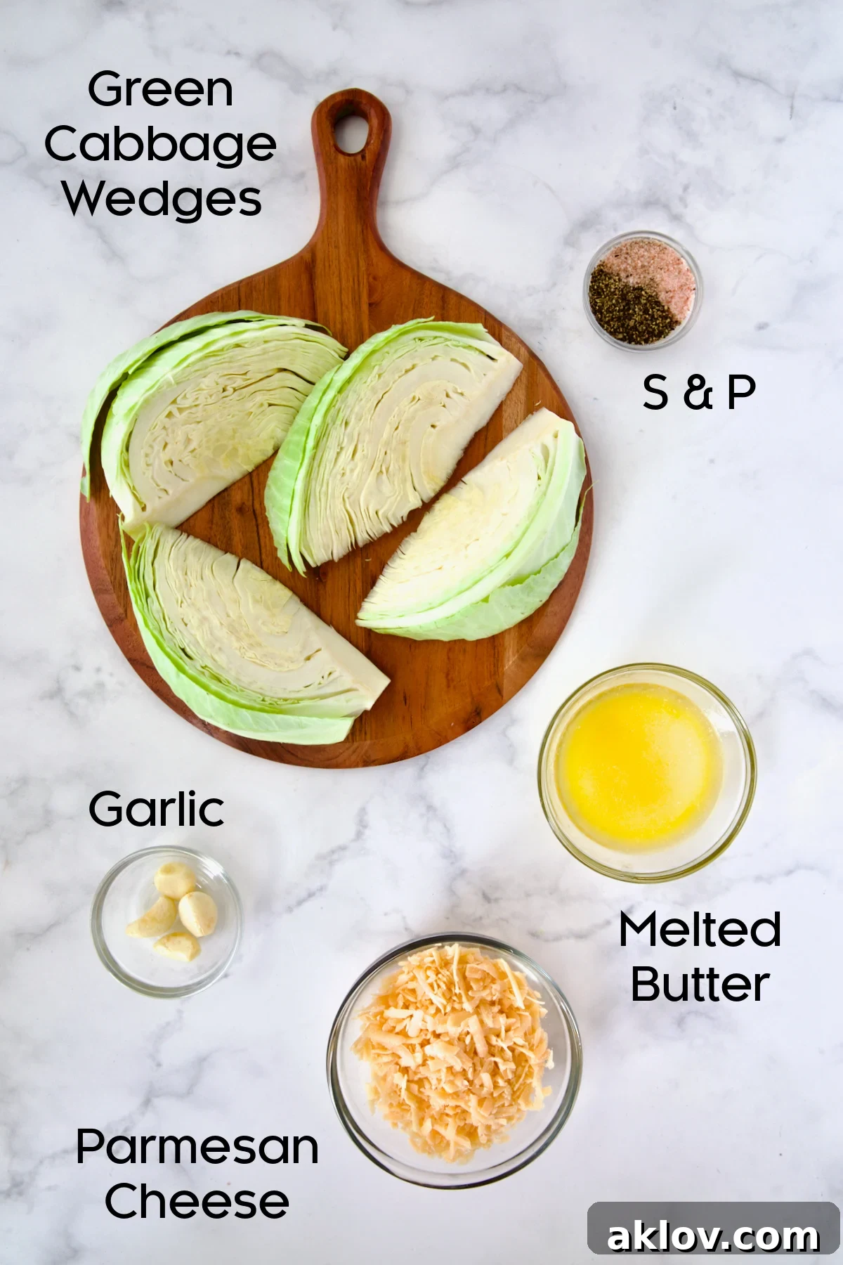 Ingredients for Baked Garlic Parmesan Cabbage Wedges in glass bowls.