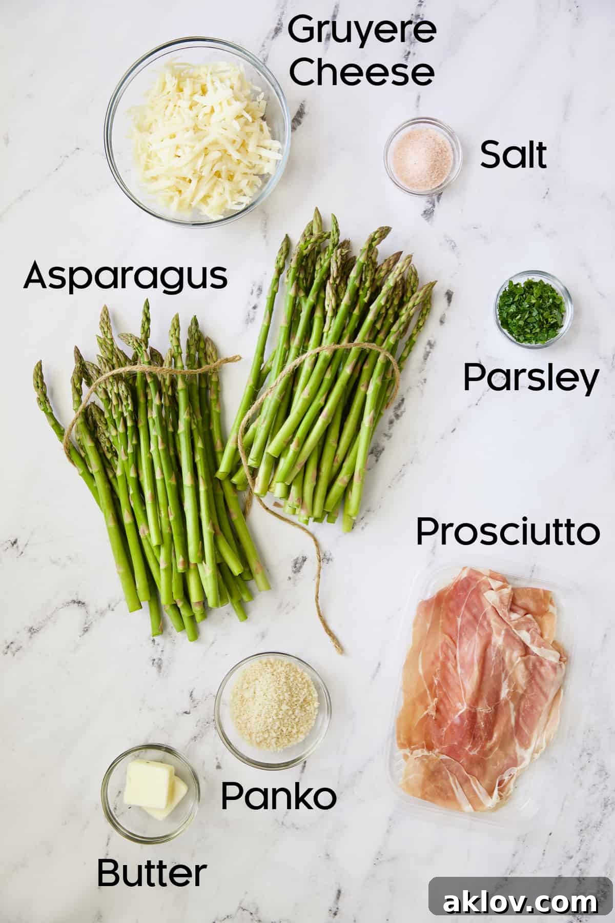 Photo of ingredients for Asparagus Cordon Bleu in glass bowls.
