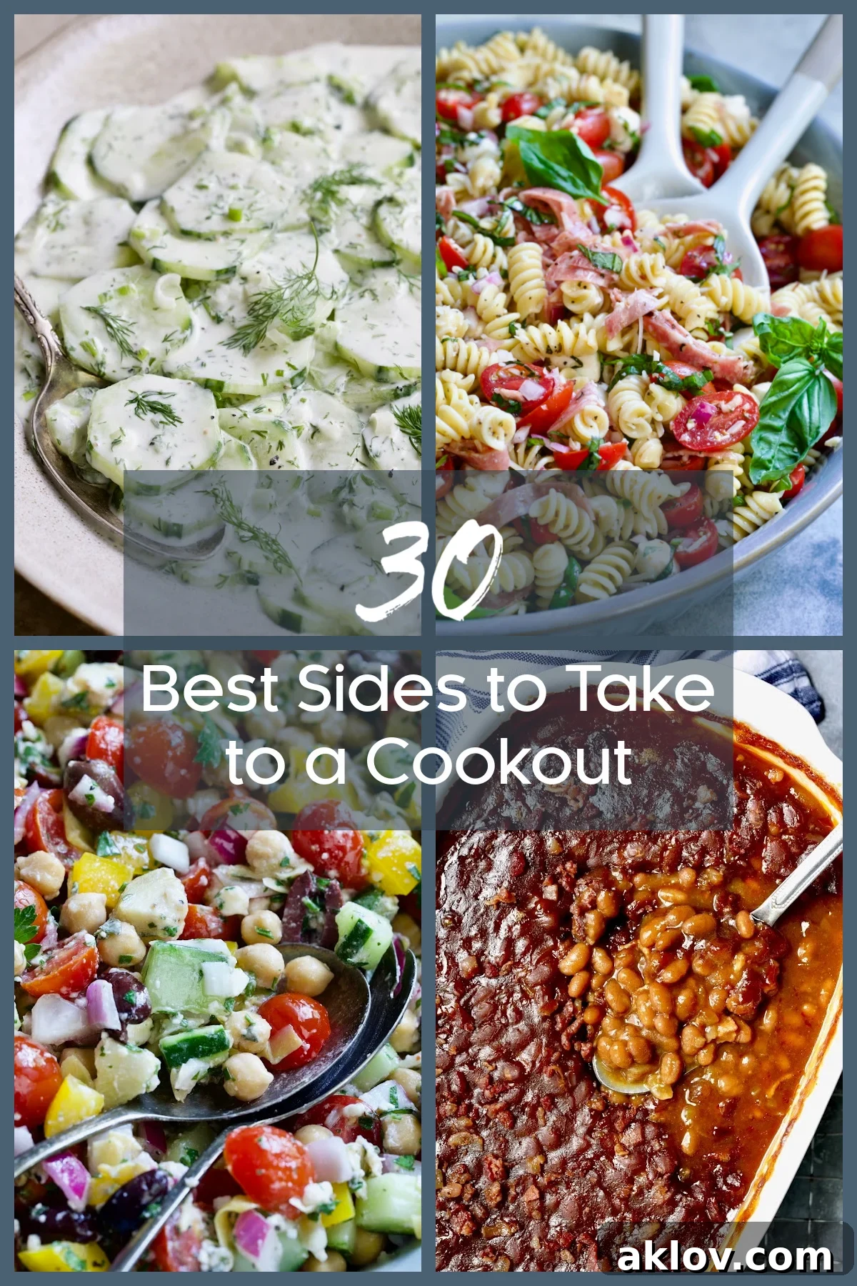 A vibrant selection of cookout side dishes, including a large bowl of fresh salad, a platter of roasted vegetables, and a creamy potato salad, invitingly arranged on a rustic wooden table, perfect for a sunny outdoor gathering.