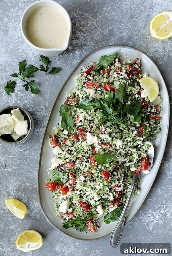 Cauliflower Tabouli with Lemon Tahini Dressing and Feta Cheese - Overhead hero shot of salad on a large oval platter garnished with fresh parsley and lemon wedges.